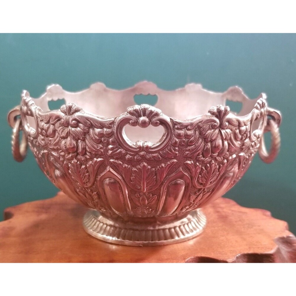 Vintage 1960s Raimond Ornate Silverplate Floral Motif Bowl with Ring Handles
